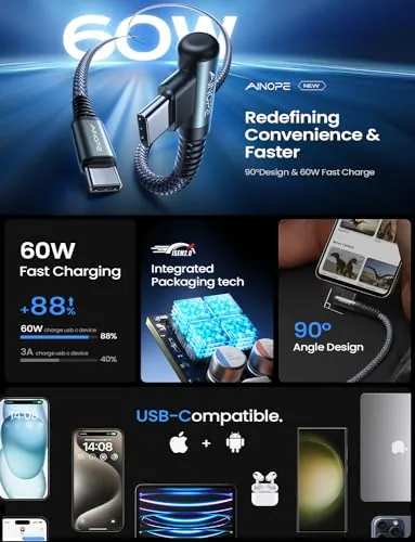 AINOPE 10FT USB-C Cable Review: 60W Right-Angle Charger image 3